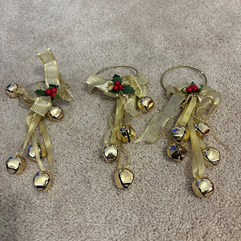 Gold Jingle Bells Holly Berry Christmas Ornaments Set of 3 Festive‎ Decor